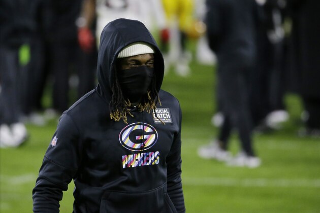 Green Bay Packers' Davante Adams wears a Crucial Catch pullover following an NFL football game against the Atlanta Falcons, Monday, Oct. 5, 2020, in Green Bay, Wis. (AP Photo/Tom Lynn)