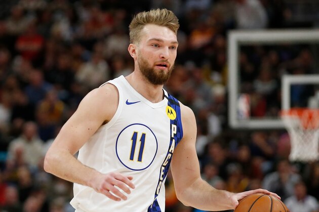 Indiana Pacers forward Domantas Sabonis (11) brings the ball up court in the first half during an NBA basketball game against the Utah Jazz Monday, Jan. 20, 2020, in Salt Lake City. (AP Photo/Rick Bowmer)