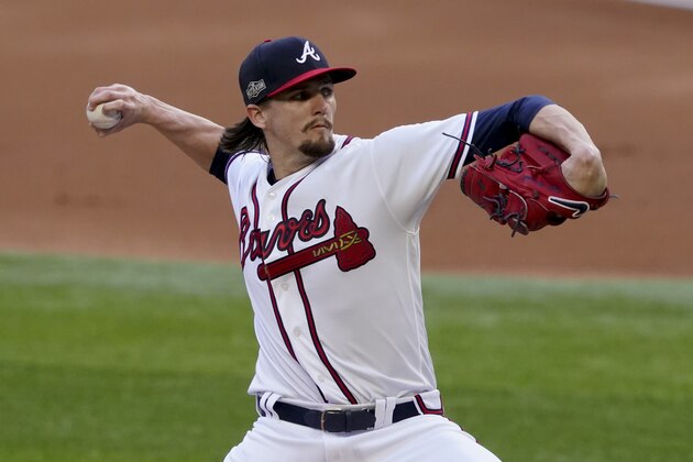 Atlanta Braves starting pitcher Kyle Wright throws against the Los Angeles Dodgers during the first inning in Game 3 of a baseball National League Championship Series Wednesday, Oct. 14, 2020, in Arlington, Texas. (AP Photo/Tony Gutierrez)