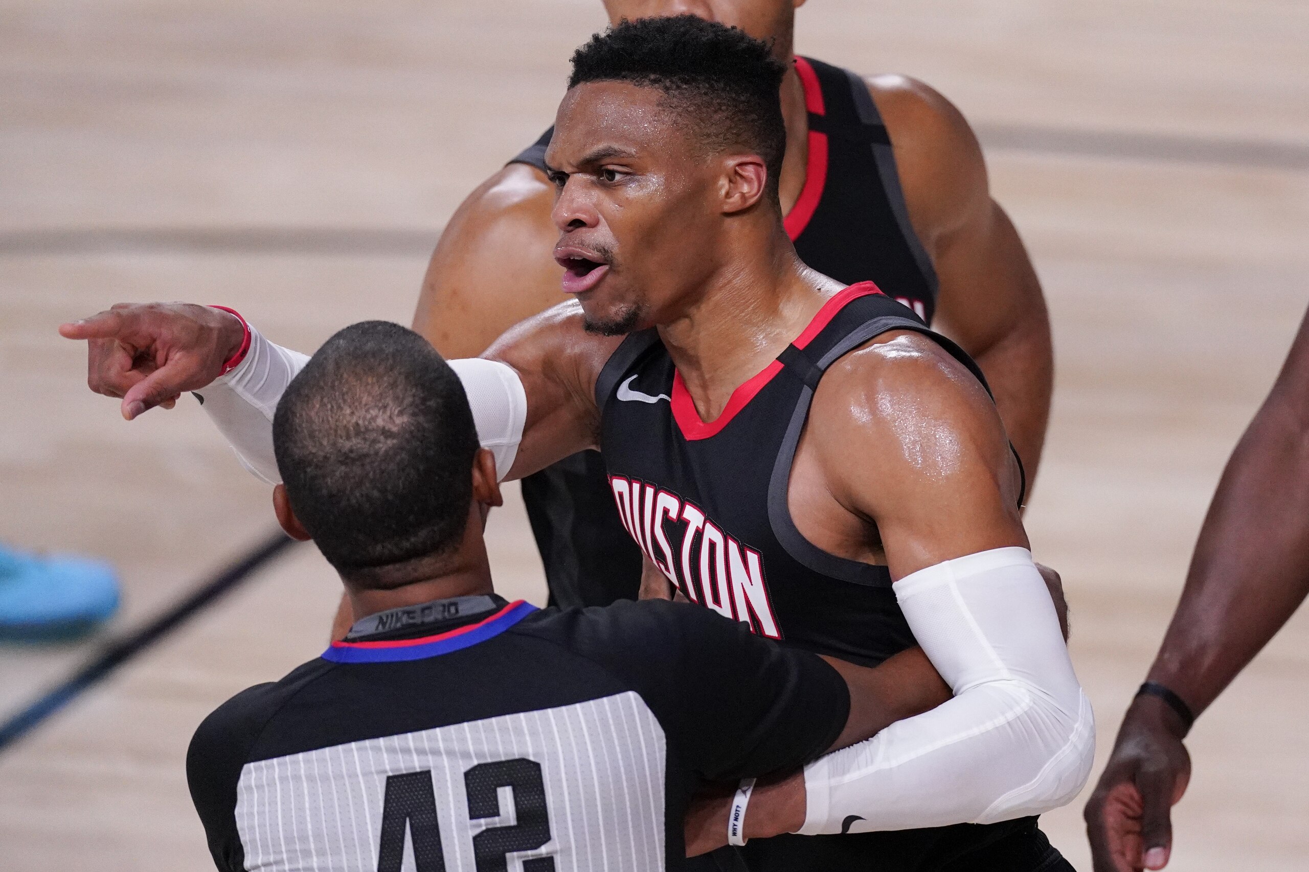 Houston Rockets' Russell Westbrook is held back by a referee as he argues during the second half of an NBA conference semifinal playoff basketball game against the Los Angeles Lakers Saturday, Sept. 12, 2020, in Lake Buena Vista, Fla. (AP Photo/Mark J. Terrill) Houston Rockets' Russell Westbrook is held back by a referee as he argues during the second half of an NBA conference semifinal playoff basketball game against the Los Angeles Lakers Saturday, Sept. 12, 2020, in Lake Buena Vista, Fla. (AP Photo/Mark J. Terrill)