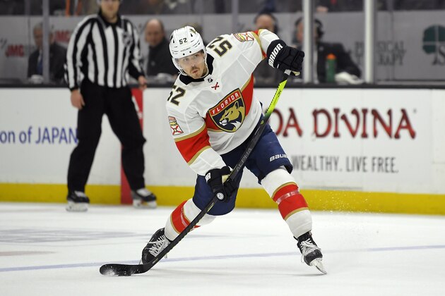 Florida Panthers defenseman MacKenzie Weegar shoots and scores on an empty net during the third period of an NHL hockey game against the Anaheim Ducks Wednesday, Feb. 19, 2020, in Anaheim, Calif. The Panthers won 4-1. (AP Photo/Mark J. Terrill)
