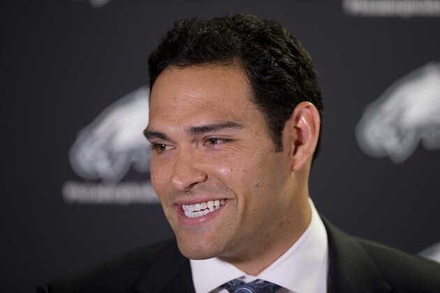 Philadelphia Eagles quarterback Mark Sanchez speaks during a news conference at the NFL football team's training facility, Friday, March 28, 2014, in Philadelphia. Sanchez agreed to a one-year contract with the Eagles after the New York Jets signed Michael Vick last Friday. (AP Photo/Matt Rourke)