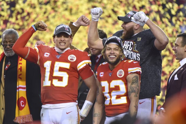 Kansas City Chiefs' Patrick Mahomes (15), Travis Kelce and Tyrann Mathieu (32) celebrate after the NFL AFC Championship football game against the Tennessee Titans Sunday, Jan. 19, 2020, in Kansas City, MO. The Chiefs won 35-24 to advance to Super Bowl 54. (AP Photo/Ed Zurga)