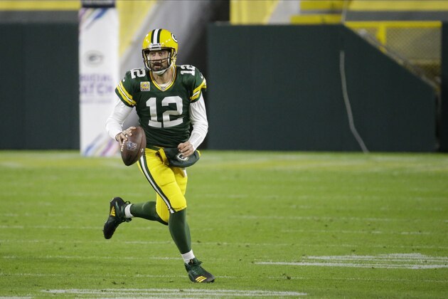 Green Bay Packers quarterback Aaron Rodgers (12) looks to throw during the second half of an NFL football game against the Atlanta Falcons, Monday, Oct. 5, 2020, in Green Bay, Wis. (AP Photo/Mike Roemer)