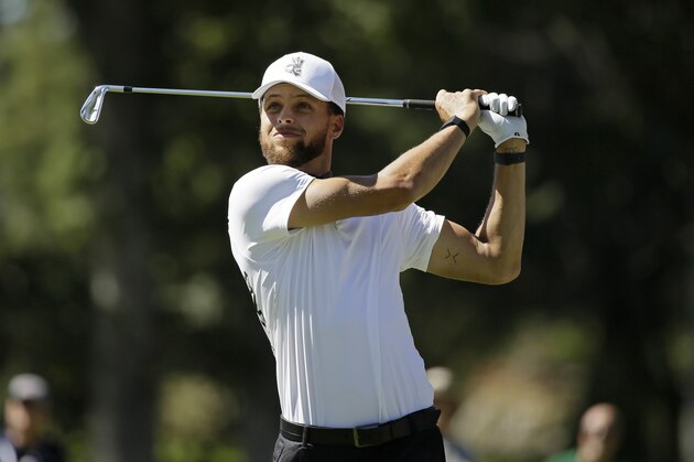Stephen Curry on the Silverado Resort North Course during the pro-am event of the Safeway Open PGA golf tournament Wednesday, Sept. 25, 2019, in Napa, Calif. (AP Photo/Eric Risberg)