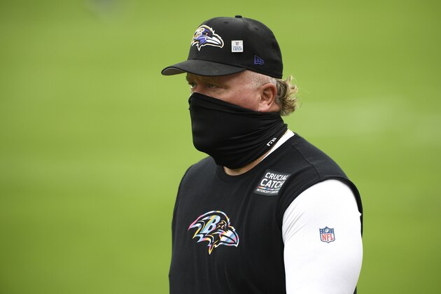 Baltimore Ravens defensive coordinator Don Martindale wears a face mask to protect against COVID-19 prior to an NFL football game against the Cincinnati Bengals, Sunday, Oct. 11, 2020, in Baltimore. (AP Photo/Nick Wass)