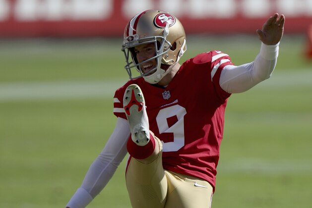 San Francisco 49ers kicker Robbie Gould (9) in action during an NFL football game against the Miami Dolphins, Sunday, Oct. 11, 2020, in Santa Clara, Calif. (AP Photo/Scot Tucker)