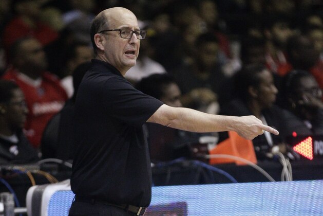 FILE - In this Sept. 17, 2018, file photo, U.S. basketball coach Jeff Van Gundy speaks from the sidelines of the team's FIBA Basketball World Cup 2019 qualifier game against Panama in Panama City. Van Gundy has an idea on how to fix the NBA All-Star Game. His plan: Eliminate it. Van Gundy, the former NBA coach and now longtime television commentator for ABC and ESPN, said what he's seeing now from the game is embarrassing and