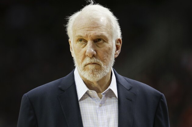 San Antonio Spurs head coach Gregg Popovich watches from the sideline during the first half of an NBA basketball game against the Houston Rockets, Monday, Dec. 16, 2019, in Houston. (AP Photo/Eric Christian Smith)