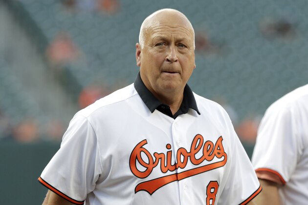 FILE - In this Aug. 9, 2019, file photo, former Baltimore Orioles infielder Cal Ripken, Jr. attends an on-field ceremony honoring the 1989 Orioles team prior to a baseball game against the Houston Astros, in Baltimore. Cal Ripken Jr. disclosed Thursday, Aug. 20, 2020,  that he underwent surgery for prostate cancer in March and is now completely healthy.(AP Photo/Julio Cortez, File)