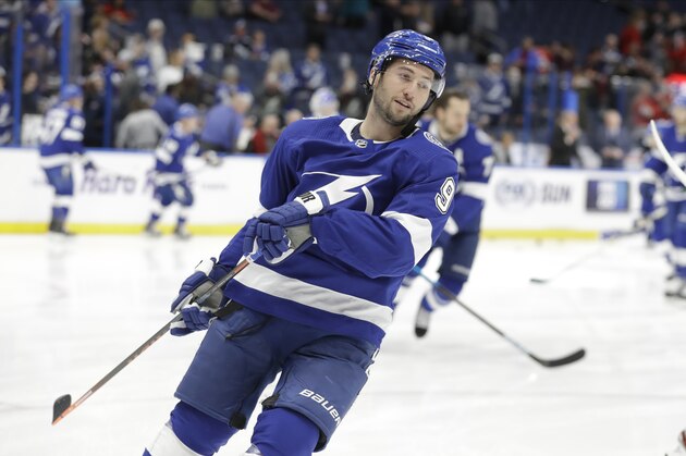 Tampa Bay Lightning center Tyler Johnson (9) before an NHL hockey game against the Chicago Blackhawks Thursday, Feb. 27, 2020, in Tampa, Fla. (AP Photo/Chris O'Meara)