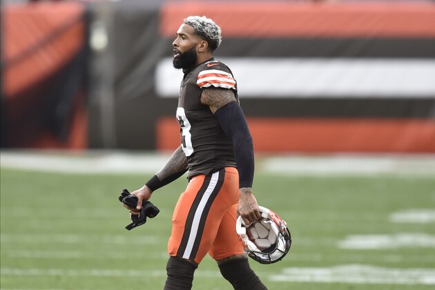 Cleveland Browns wide receiver Odell Beckham Jr. (13) reacts after making a catch in the second quarter of an NFL football game against the Indianapolis Colts, Sunday, Oct. 11, 2020, in Cleveland. The Browns won 32-23. (AP Photo/David Richard)