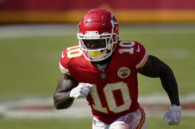 Kansas City Chiefs wide receiver Tyreek Hill plays against the Las Vegas Raiders during the first half of an NFL football game, Sunday, Oct. 11, 2020, in Kansas City. (AP Photo/Jeff Roberson)