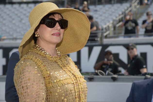 New Orleans Saints owner Gayle Benson watches from the sideline before an NFL football game against the Jacksonville Jaguars Sunday, Oct. 13, 2019, in Jacksonville, Fla. (AP Photo/Phelan M. Ebenhack)