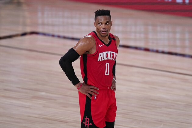Houston Rockets' Russell Westbrook (0) looks up during the second half of an NBA conference semifinal playoff basketball game against the Los Angeles Lakers Thursday, Sept. 10, 2020, in Lake Buena Vista, Fla. The Lakers won 110-100. (AP Photo/Mark J. Terrill)