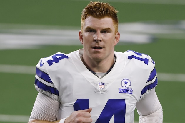 Dallas Cowboys quarterback Andy Dalton (14) jogs off the field after their 37-34 win against the New York Giants in an NFL football game in Arlington, Texas, Sunday, Oct. 11, 2020. (AP Photo/Ron Jenkins) Dallas Cowboys quarterback Andy Dalton (14) jogs off the field after their 37-34 win against the New York Giants in an NFL football game in Arlington, Texas, Sunday, Oct. 11, 2020. (AP Photo/Ron Jenkins)