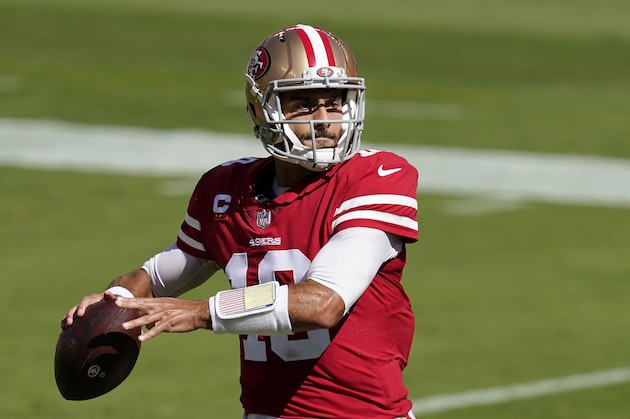 San Francisco 49ers quarterback Jimmy Garoppolo (10) against the Miami Dolphins during an NFL football game in Santa Clara, Calif., Sunday, Oct. 11, 2020. (AP Photo/Tony Avelar)
