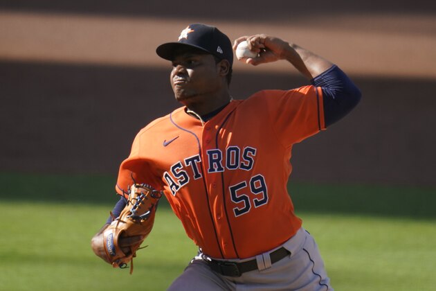 Houston Astros starting pitcher Framber Valdez pitches during the first inning in Game 6 of a baseball American League Championship Series against the Tampa Bay Rays, Friday, Oct. 16, 2020, in San Diego. (AP Photo/Gregory Bull)