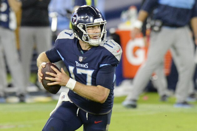 Tennessee Titans quarterback Ryan Tannehill (17) scrambles against the Buffalo Bills in the second half of an NFL football game Tuesday, Oct. 13, 2020, in Nashville, Tenn. (AP Photo/Mark Zaleski)