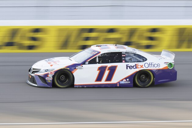 Denny Hamlin drives during a NASCAR Cup Series auto race Sunday, Sept. 27, 2020, in Las Vegas. (AP Photo/Isaac Brekken)