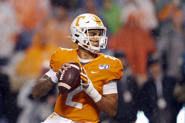 Tennessee quarterback Jarrett Guarantano (2) looks for a receiver in the first half of an NCAA college football game against Vanderbilt Saturday, Nov. 30, 2019, in Knoxville, Tenn. (AP Photo/Wade Payne)