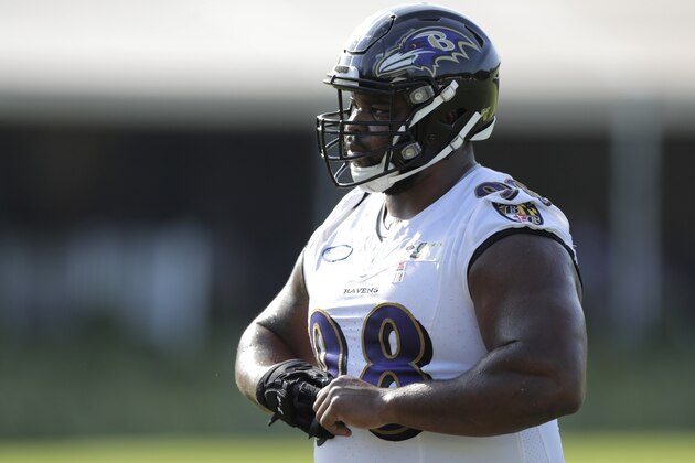 Baltimore Ravens defensive end Brandon Williams works out during NFL football training camp, Friday, July 26, 2019, in Owings Mills, Md. (AP Photo/Julio Cortez)