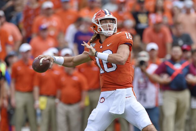 Clemson's Trevor Lawrence throws a pass during the first half of an NCAA college football game against Florida State Saturday, Oct. 12, 2019, in Clemson, S.C. (AP Photo/Richard Shiro)