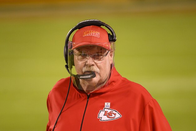 Kansas City Chiefs head coach Andy Reid during the second half of their NFL football game against the New England Patriots, Monday, Oct. 5, 2020, in Kansas City, Mo. (AP Photo/Reed Hoffmann)