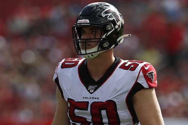 Atlanta Falcons defensive end John Cominsky (50) lines up against the Tampa Bay Buccaneers during an NFL football game Sunday, Dec. 29, 2019, in Tampa, Fla. The Falcons won the game 28-22 in overtime. (Jeff Haynes/AP Images for Panini)