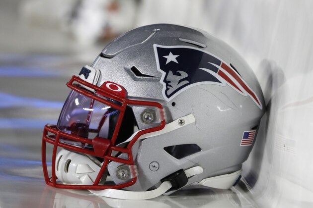 A New England Patriots helmet is seen on the bench during an NFL football game between the New England Patriots and the New York Giants, Thursday, Oct. 10, 2019 in Foxborough, Mass. (Winslow Townson/AP Images for Panini)