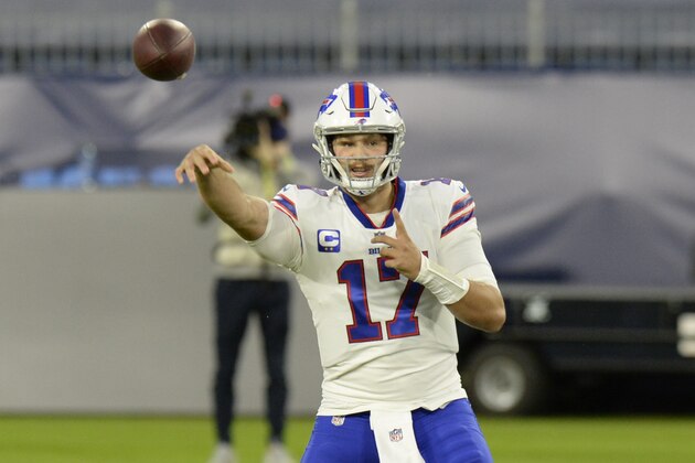 Buffalo Bills quarterback Josh Allen (17) passes against the Tennessee Titans in the first half of an NFL football game Tuesday, Oct. 13, 2020, in Nashville, Tenn. (AP Photo/Mark Zaleski)