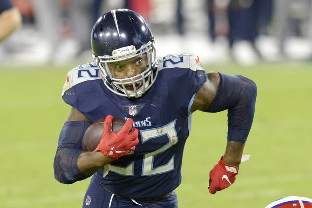 Tennessee Titans running back Derrick Henry (22) carries the ball against the Buffalo Bills in the second half of an NFL football game Tuesday, Oct. 13, 2020, in Nashville, Tenn. (AP Photo/Mark Zaleski)