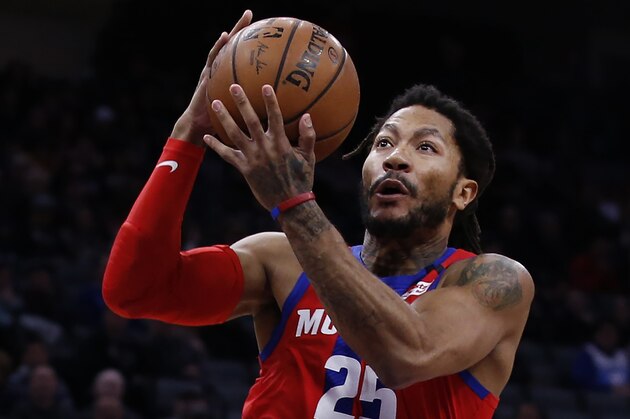 Detroit Pistons guard Derrick Rose goes to the basket during the first half of an NBA basketball game against the Sacramento Kings in Sacramento, Calif., Sunday, March 1, 2020.The Kings won 106-100. (AP Photo/Rich Pedroncelli)
