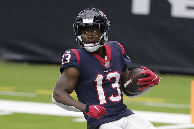 Houston Texans wide receiver Brandin Cooks (13) scores a touchdown against the Jacksonville Jaguars during the second half of an NFL football game Sunday, Oct. 11, 2020, in Houston. (AP Photo/Michael Wyke)