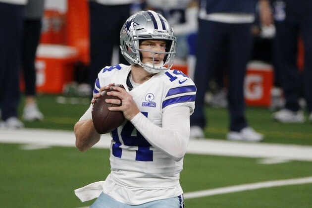 Dallas Cowboys quarterback Andy Dalton (14) drops back to pass in the second half of an NFL football game against the New York Giants in Arlington, Texas, Sunday, Oct. 11, 2020. (AP Photo/Michael Ainsworth) Dallas Cowboys quarterback Andy Dalton (14) drops back to pass in the second half of an NFL football game against the New York Giants in Arlington, Texas, Sunday, Oct. 11, 2020. (AP Photo/Michael Ainsworth)