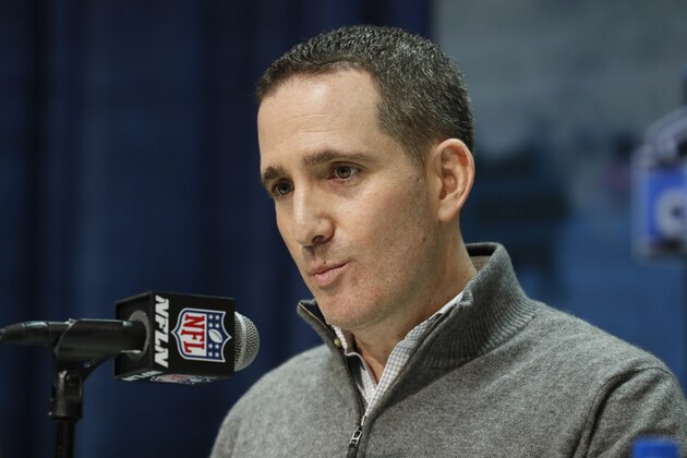 FILE - In this Feb. 25, 2020, file photo, Philadelphia Eagles general manager and executive vice president Howie Roseman speaks during a press conference at the NFL football scouting combine in Indianapolis. The Eagles have eight picks after trading a pair to Detroit to get three-time Pro Bowl cornerback Darius Slay. They have the 21st overall pick, one in the second round (No. 53), one in the third (No. 103) and three more in the fourth.  (AP Photo/Charlie Neibergall, File)