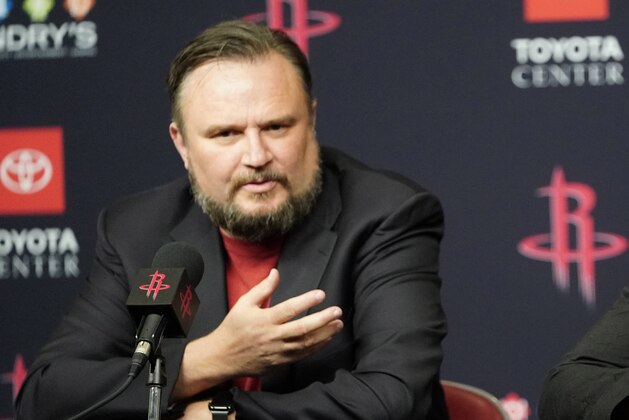 FILE - This is a July 26, 2019, file photo showing Houston Rockets General Manager Daryl Morey during an NBA basketball news conference in Houston. Rockets general manager Daryl Morey is stepping down on his own accord, a person familiar with the decision told The Associated Press. The person spoke on condition of anonymity Thursday, Oct. 15, 2020, because the move hasnâ€™t been announced. (AP Photo/David J. Phillip, File)