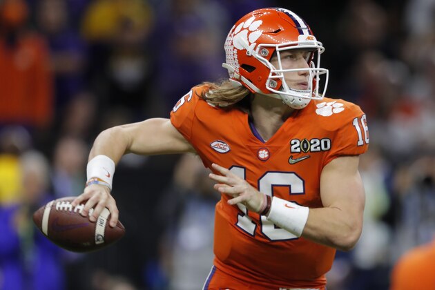 FILE - In this Jan. 13, 2020, file photo, Clemson quarterback Trevor Lawrence passes against LSU during the second half of a NCAA College Football Playoff national championship game, in New Orleans. Lawrence is on a streak of 314 pass attempts without an interception, a run dating back to last Oct. 19 when he was picked off twice at Louisville in Clemson's 45-10 victory. (AP Photo/Gerald Herbert, File) FILE - In this Jan. 13, 2020, file photo, Clemson quarterback Trevor Lawrence passes against LSU during the second half of a NCAA College Football Playoff national championship game, in New Orleans. Lawrence is on a streak of 314 pass attempts without an interception, a run dating back to last Oct. 19 when he was picked off twice at Louisville in Clemson's 45-10 victory. (AP Photo/Gerald Herbert, File)