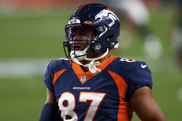 Denver Broncos tight end Noah Fant (87) walks on the field while warming up before an NFL football game against the Tennessee Titans, Monday, Sept. 14, 2020, in Denver. (AP Photo/Justin Edmonds)