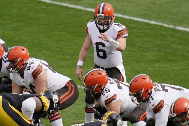 Cleveland Browns quarterback Baker Mayfield (6) calls signals against the Pittsburgh Steelers during the first half of an NFL football game, Sunday, Oct. 18, 2020, in Pittsburgh. (AP Photo/Gene J. Puskar)