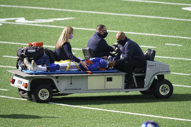 New York Giants' C.J. Board is carted off the field during the second half of an NFL football game against the Washington Football Team Sunday, Oct. 18, 2020, in East Rutherford, N.J. (AP Photo/John Minchillo)
