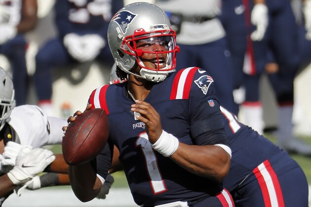 New England Patriots quarterback Cam Newton looks to pass against the Las Vegas Raiders during an NFL football game at Gillette Stadium, Sunday, Sept. 27, 2020 in Foxborough, Mass. Maybe the third time will actually bring a kickoff between for the Denver Broncos and New England Patriots. After having their original Week 5 matchup twice postponed because of a mini outbreak of coronavirus cases on the Patriots that saw four players including quarterback Cam Newton and reigning Defensive Player of the Year Stephon Gilmore test positive, the teams are hopeful they will finally meet this week. (AP Photo/Winslow Townson) New England Patriots quarterback Cam Newton looks to pass against the Las Vegas Raiders during an NFL football game at Gillette Stadium, Sunday, Sept. 27, 2020 in Foxborough, Mass. Maybe the third time will actually bring a kickoff between for the Denver Broncos and New England Patriots. After having their original Week 5 matchup twice postponed because of a mini outbreak of coronavirus cases on the Patriots that saw four players including quarterback Cam Newton and reigning Defensive Player of the Year Stephon Gilmore test positive, the teams are hopeful they will finally meet this week. (AP Photo/Winslow Townson)