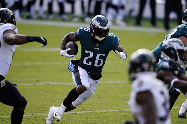 Philadelphia Eagles' Miles Sanders plays during the first half of an NFL football game against the Baltimore Ravens, Sunday, Oct. 18, 2020, in Philadelphia. (AP Photo/Chris Szagola)