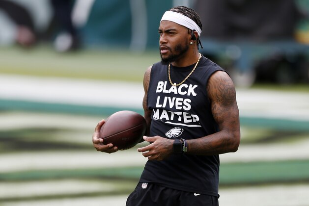 Philadelphia Eagles' DeSean Jackson warms up before an NFL football game against the Cincinnati Bengals, Sunday, Sept. 27, 2020, in Philadelphia. (AP Photo/Laurence Kesterson)