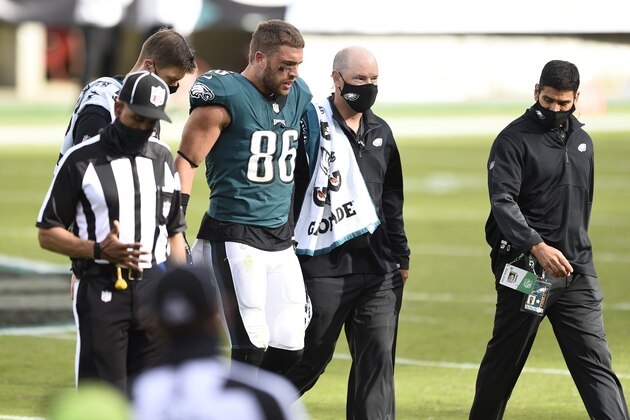Philadelphia Eagles' Zach Ertz walks off the field after an injury during the second half of an NFL football game against the Baltimore Ravens, Sunday, Oct. 18, 2020, in Philadelphia. (AP Photo/Derik Hamilton)