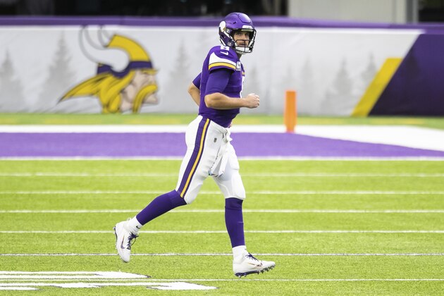 Minnesota Vikings quarterback Kirk Cousins (8) looks on in the first quarter during an NFL football game against the Atlanta Falcons, Sunday, Oct. 18, 2020, in Minneapolis. (AP Photo/David Berding)