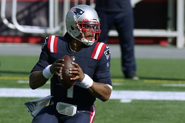 New England Patriots quarterback Cam Newton drops back to pass against the Denver Broncos in the first half of an NFL football game, Sunday, Oct. 18, 2020, in Foxborough, Mass. (AP Photo/Steven Senne)