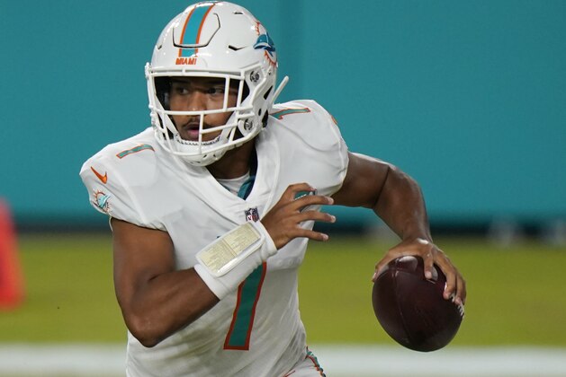 Miami Dolphins quarterback Tua Tagovailoa (1) looks to pass during the second half of an NFL football game against the New York Jets, Sunday, Oct. 18, 2020, in Miami Gardens, Fla. (AP Photo/Lynne Sladky)