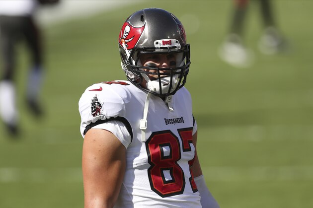 Tampa Bay Buccaneers tight end Rob Gronkowski (87) before an NFL football game against the Green Bay Packers Sunday, Oct. 18, 2020, in Tampa, Fla. (AP Photo/Mark LoMoglio)