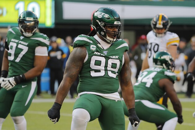 New York Jets nose tackle Steve McLendon (99) celebrates in the second half of an NFL football game against the Pittsburgh Steelers, Sunday, Dec. 22, 2019, in East Rutherford, N.J. (AP Photo/Seth Wenig) New York Jets nose tackle Steve McLendon (99) celebrates in the second half of an NFL football game against the Pittsburgh Steelers, Sunday, Dec. 22, 2019, in East Rutherford, N.J. (AP Photo/Seth Wenig)